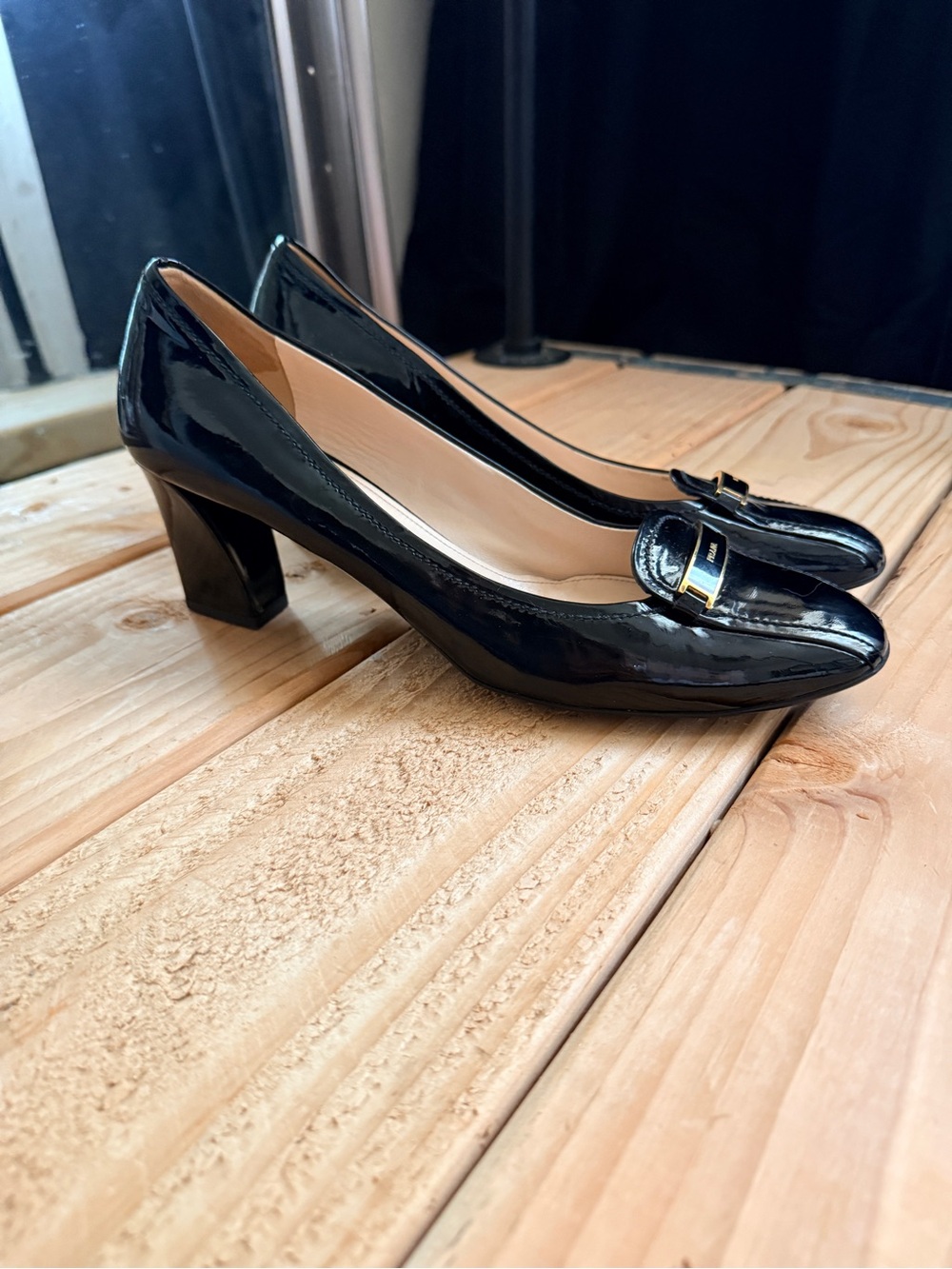 Women's Prada Black Patent Leather Block Heel Pumps with Gold Accent - Picture 2 of 5